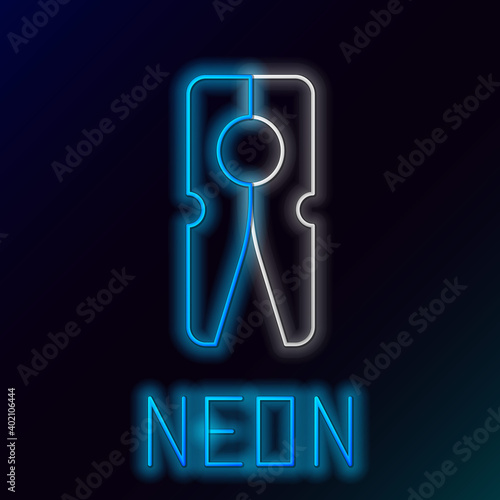 Glowing neon line Old wood clothes pin icon isolated on black background. Clothes peg. Colorful outline concept. Vector.