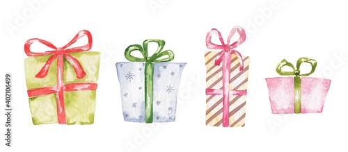 Watercolor Christmas gift box with ribbon on white background. 