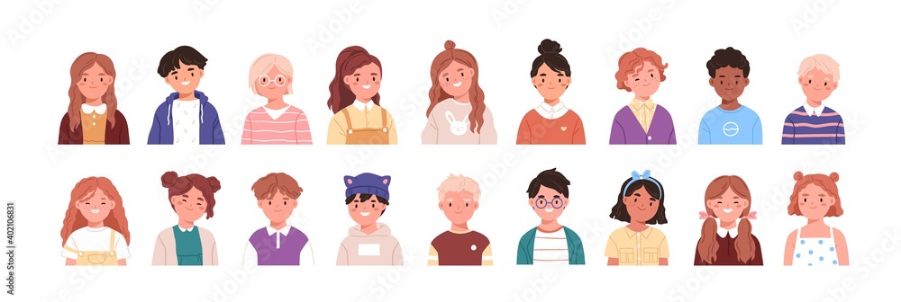 Set of children avatars. Bundle of smiling faces of boys and girls with different hairstyles, skin colors and ethnicities. Colorful flat vector illustration isolated on white background