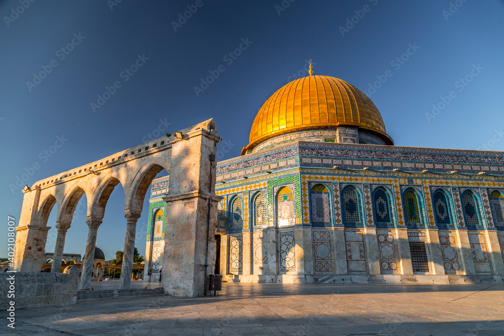 Jerusalem, Israel - June 12, 2019: Exterior view of the Dome of the Rock or Al Qubbat as-Sakhrah in Arabic. Located in Jerusalem, the monumental shrine is a sacred Islamic destination.