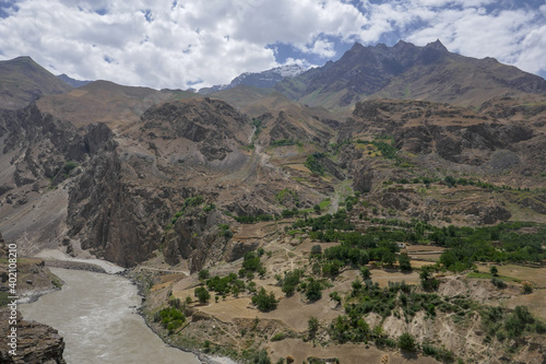 Rural view on the Afghan side of the Panj river valley in Darvaz district in Gorno-Badakshan, the Pamir mountain region of Tajikistan