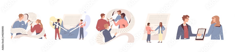 People signing paper and digital contract vector flat illustration. Set of scenes with entrepreneurs making deal. Concept of agreement conclusion, business partnership, documentary coherence isolated People signing paper and digital contract vector flat illustration. Set of scenes with entrepreneurs making deal. Concept of agreement conclusion, business partnership, documentary coherence isolated