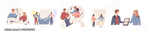 People signing paper and digital contract vector flat illustration. Set of scenes with entrepreneurs making deal. Concept of agreement conclusion, business partnership, documentary coherence isolated