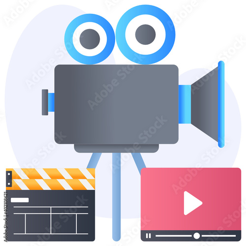 
Video production icon in flat conceptual style, filmmaking equipment 
