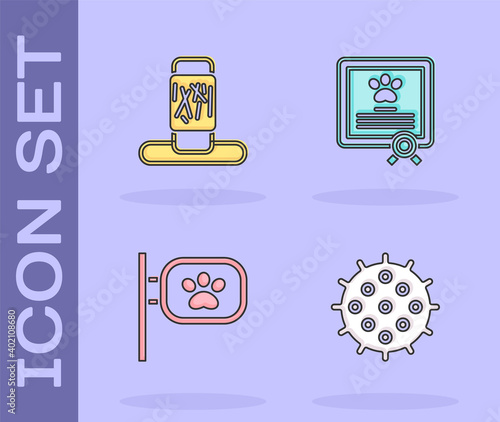 Set Tennis ball, Cat scratching post, Pet grooming and Certificate for dog or cat icon. Vector.