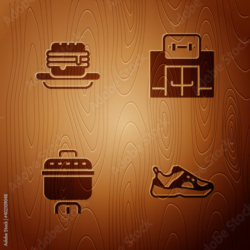 Set Sport sneakers, Junk food, Cooking pot and Gym building on wooden background. Vector.