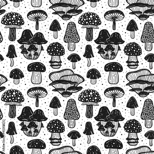 Forest mushrooms. Seamless pattern, texture, background. Packaging design. Ink vector. Black monochrome design. Botanic, nature.