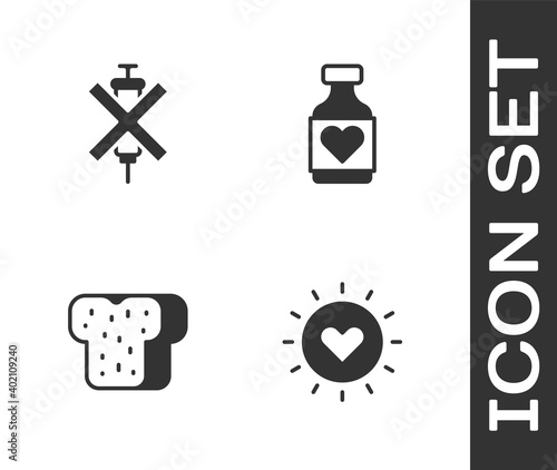 Set Sun, No doping syringe, Bread toast and Vitamin pill icon. Vector.