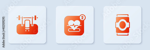 Set Mobile with heart rate, Bench barbel and Soda can. White square button. Vector.