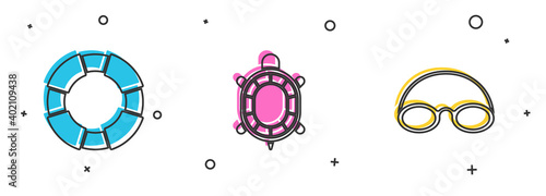Set Lifebuoy, Turtle and Glasses and cap icon. Vector.
