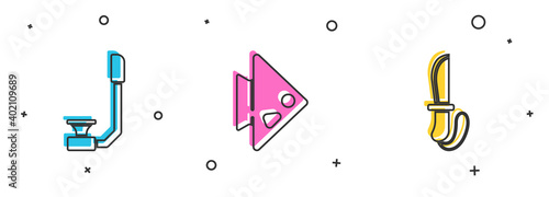 Set Snorkel, Fish and Knife icon. Vector.