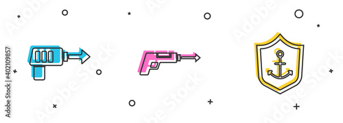Set Fishing harpoon, and Anchor inside shield icon. Vector.
