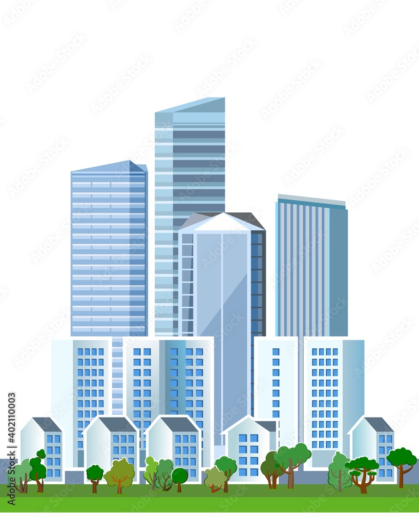 Big modern city. Light pleasant cityscape. High-rise buildings, skyscrapers and high-rise buildings. Green park area with lawns and trees. Flat style. Isolated on white background Vector