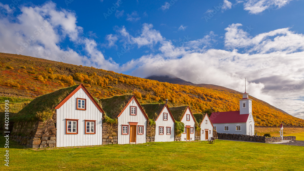 Open air Museum Laufas with historical turf houses and wooden church in Iceland