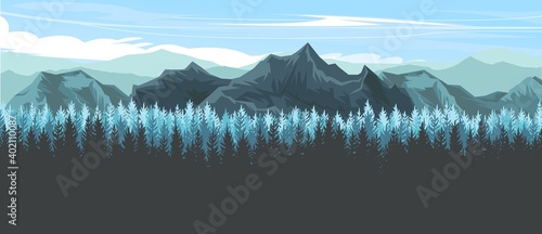Mountain range with cliffs, rocks and peaks. Sky with clouds. Landscape with coniferous forest, taiga. Pine trees, ate. Illustration vector