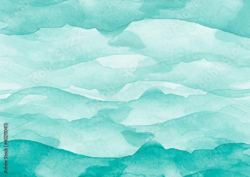 Wallpaper Mural blue, turquoise watercolor background. Watercolor landscape. Blue wave on the sea, ocean. Blue mountains in the fog. Beautiful sky. Art banner, background, poster. Abstract splash of watercolor azure Torontodigital.ca