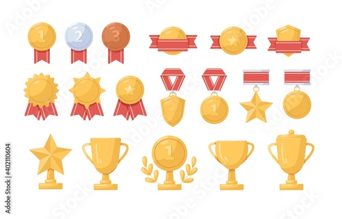 Collection of golden, silver and bronze medals, cups and badges vector flat illustration. Set of trophy or awards for winners isolated. Metal symbols of success, championship and triumph