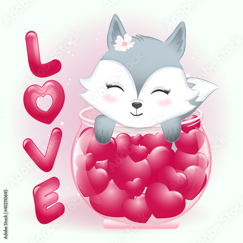 Cute Fox and heart in jar valentine's day concept illustration