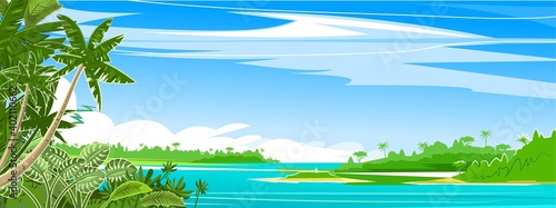 Tropical landscape with sea and jungle. Plants, shrubs and palms. Sky. Cartoon flat style. Mountains on the horizon. Background illustration. Vector