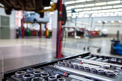 Car service. A set of close-up tools.