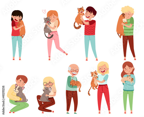 People Characters with Cat and Dog Companion Vector Illustration Set