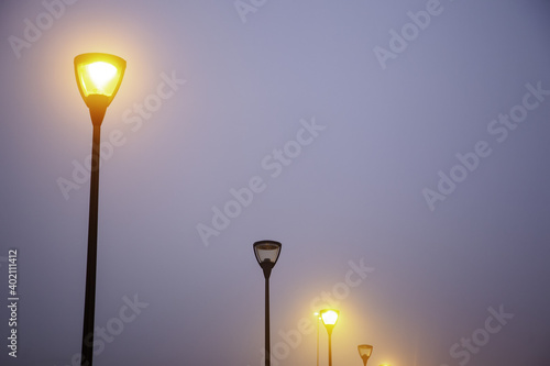 Street lamps lit in the mist © esebene