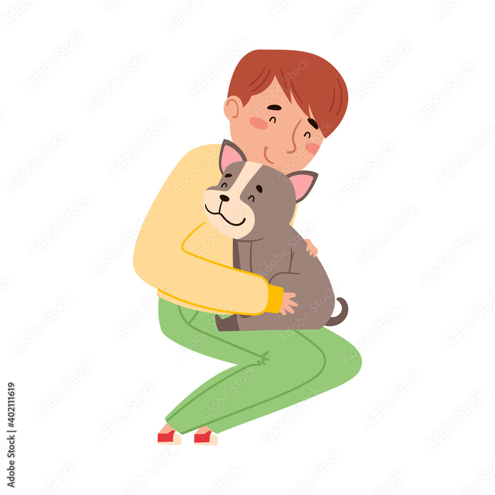 Young Man Sitting with His Dog Puppy Vector Illustration Young Man Sitting with His Dog Puppy Vector Illustration