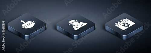 Set Isometric Hanukkah dreidel, Jewish calendar and Orthodox jewish hat icon. Vector.