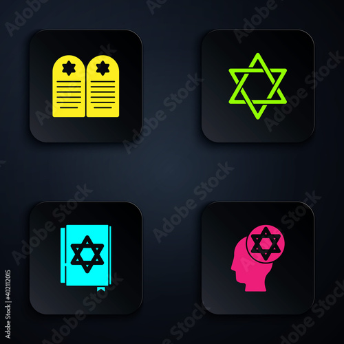 Set Orthodox jewish hat, Tombstone with star of david, Jewish torah book and Star David. Black square button. Vector.