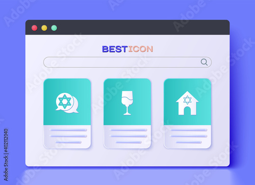 Set Jewish goblet, Star of David and synagogue icon. Vector.