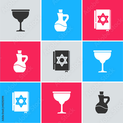 Set Jewish goblet, Bottle of olive oil and torah book icon. Vector.