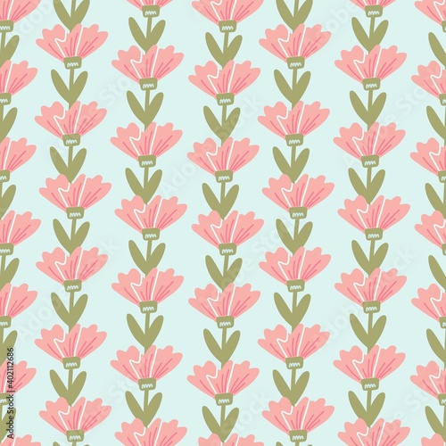 Flower simple minimalistic seamless pattern graphic design for paper  textile print  page fill. Floral background with hand drawn wild flowers and leaves in row. Bright doodle vector illustration