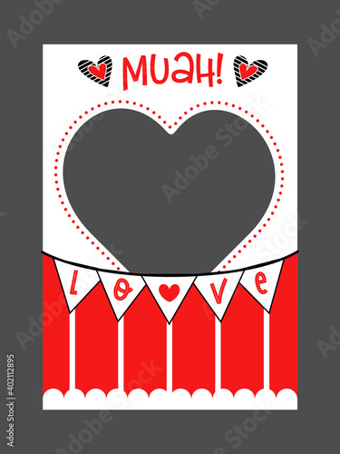 Photo booth props frame for Valentines Day and wedding party. Marriage or Love celebration. Candy and kisses booth. Giant cut out design. Red and white vector photo frame. Selfie photobooth. 