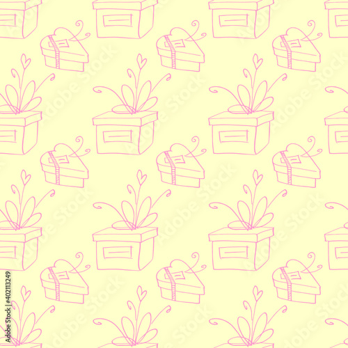 Vector Seamless pattern with outline gift box in doodle style, line art. Cute hand drawn presents on holidays background and texture. For Valentine day, birthday, greeting cards, wrap paper, xmas
