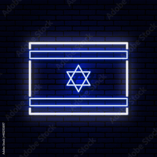 Neon sign in the form of the flag of Israel. Against the background of a brick wall with a shadow. for the design of tourist or Patriotic themes. Blue and white colors.