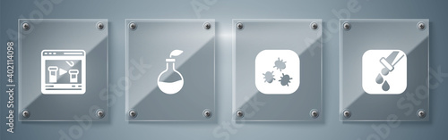 Set Test tube and flask, Bacteria, Plant breeding and Chemical online. Square glass panels. Vector.
