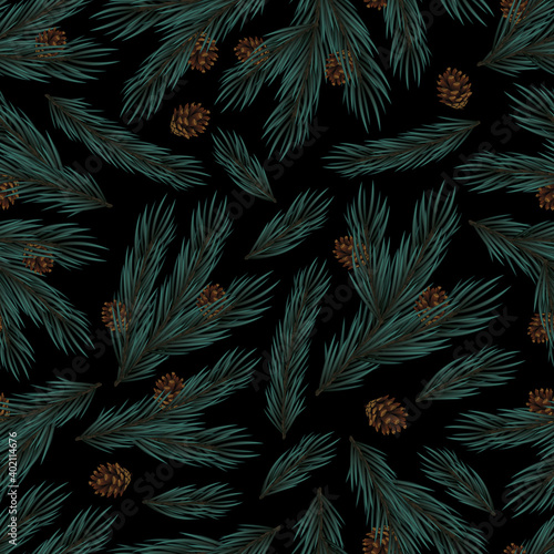 Seamless pattern of fir branches of different shapes and sizes, with cones. It looks realistic. On a black background. For printing on clothing, wrapping paper, or holiday tableware.