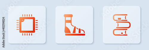 Set Slippers with socks, Processor CPU and Book. White square button. Vector.