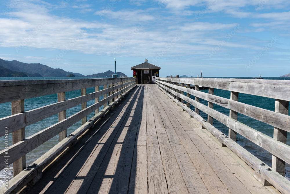 The old, wooden wharf at Elmslie Bay, French Pass, New Zealand.