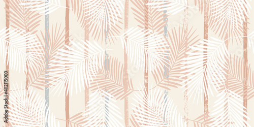 Tropical pattern, palm leaves seamless vector floral background. Exotic plant on beige stripes print illustration. Summer nature jungle print. Leaves of palm tree on paint lines. ink brush strokes