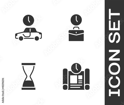 Set Project time plan, Time to travel, Old hourglass with sand and Work icon. Vector.