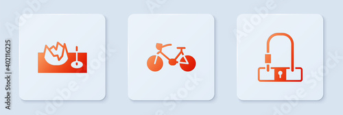 Set Bicycle, on street ramp and lock. White square button. Vector.