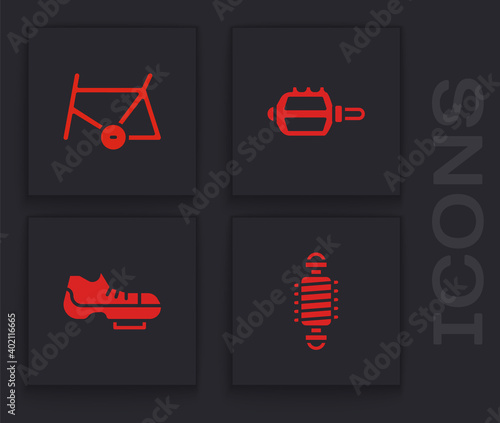 Set Bicycle suspension, frame, pedal and shoes icon. Vector.