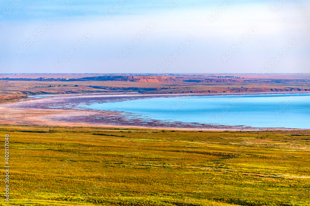 Saline or salt lake Baskunchak. Blue lake in Astrakhan region. Russia landscape