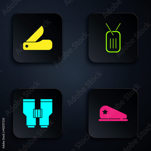 Set Military beret, Swiss army knife, Binoculars and dog tag. Black square button. Vector.