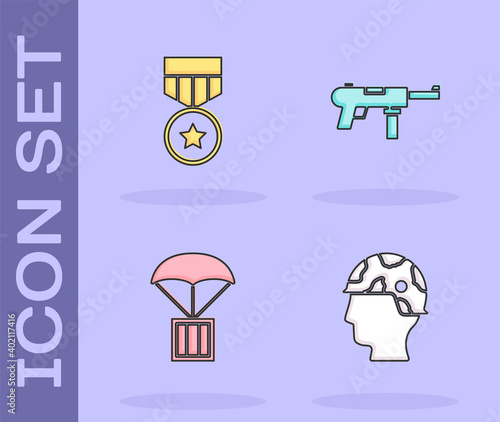 Set Army soldier, Military reward medal, Airdrop box and Submachine gun M3 icon. Vector.