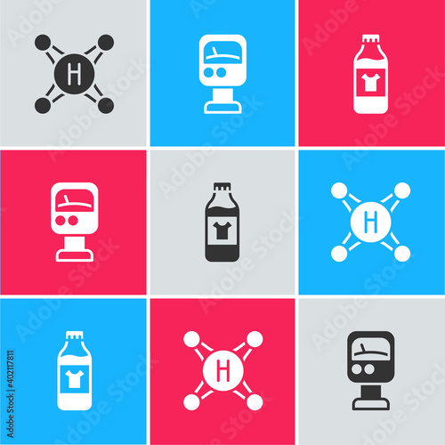 Set Water tap, Pressure water meter and Bottle for cleaning agent icon. Vector.