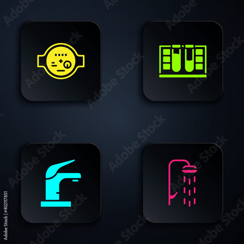 Set Shower, Water meter, tap and Test tube with water drop. Black square button. Vector.