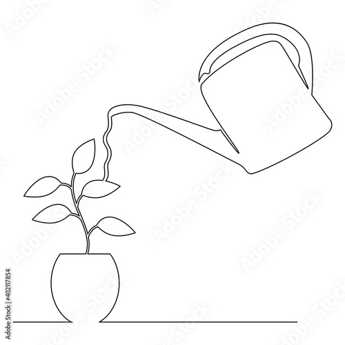 Watering pot plants, continuous line. Vector illustration, isolated on white background.