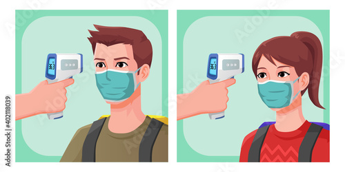 Illustration Men and Woman Traveller, body temperature checking using thermometer gun, High-Quality Image